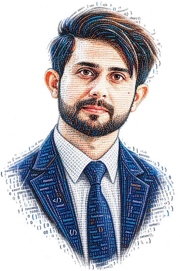 Stylized portrait of Ameer Hamza, rendered in code characters
